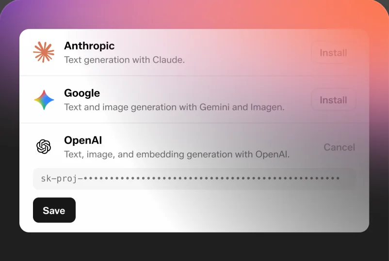 Composer's provider list, with Anthropic and Google still to connect and OpenAI opened onto its API key field