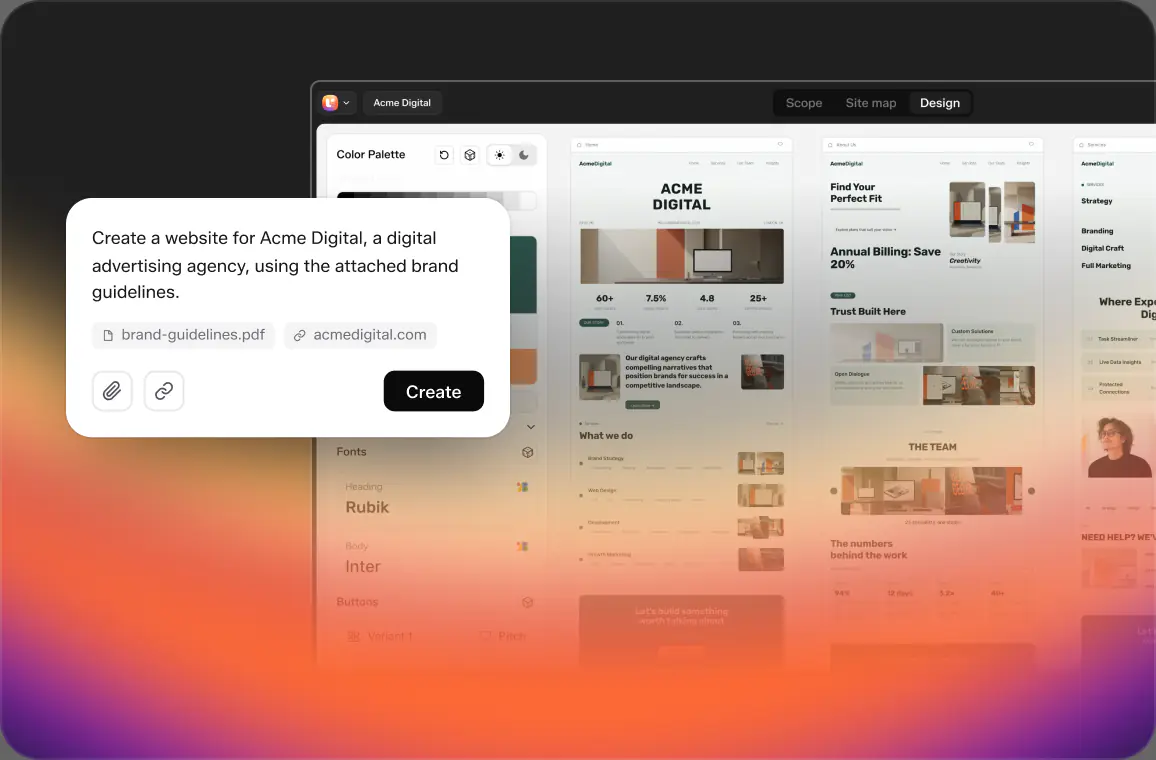 A full WordPress site generated from a prompt and brand kit