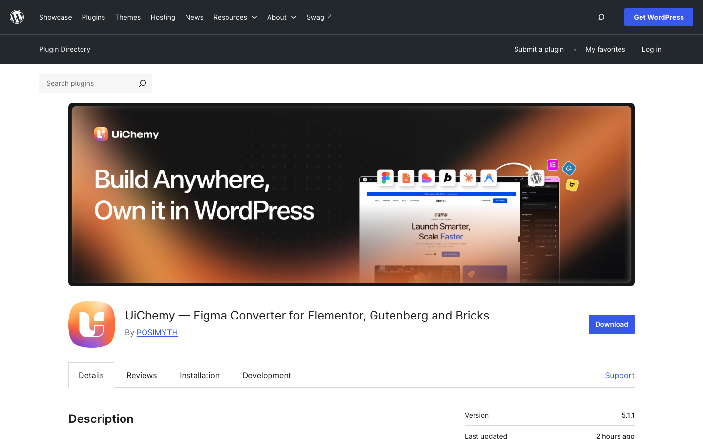 Free UiChemy plugin listing on the WordPress plugin directory, the install step for the free plan