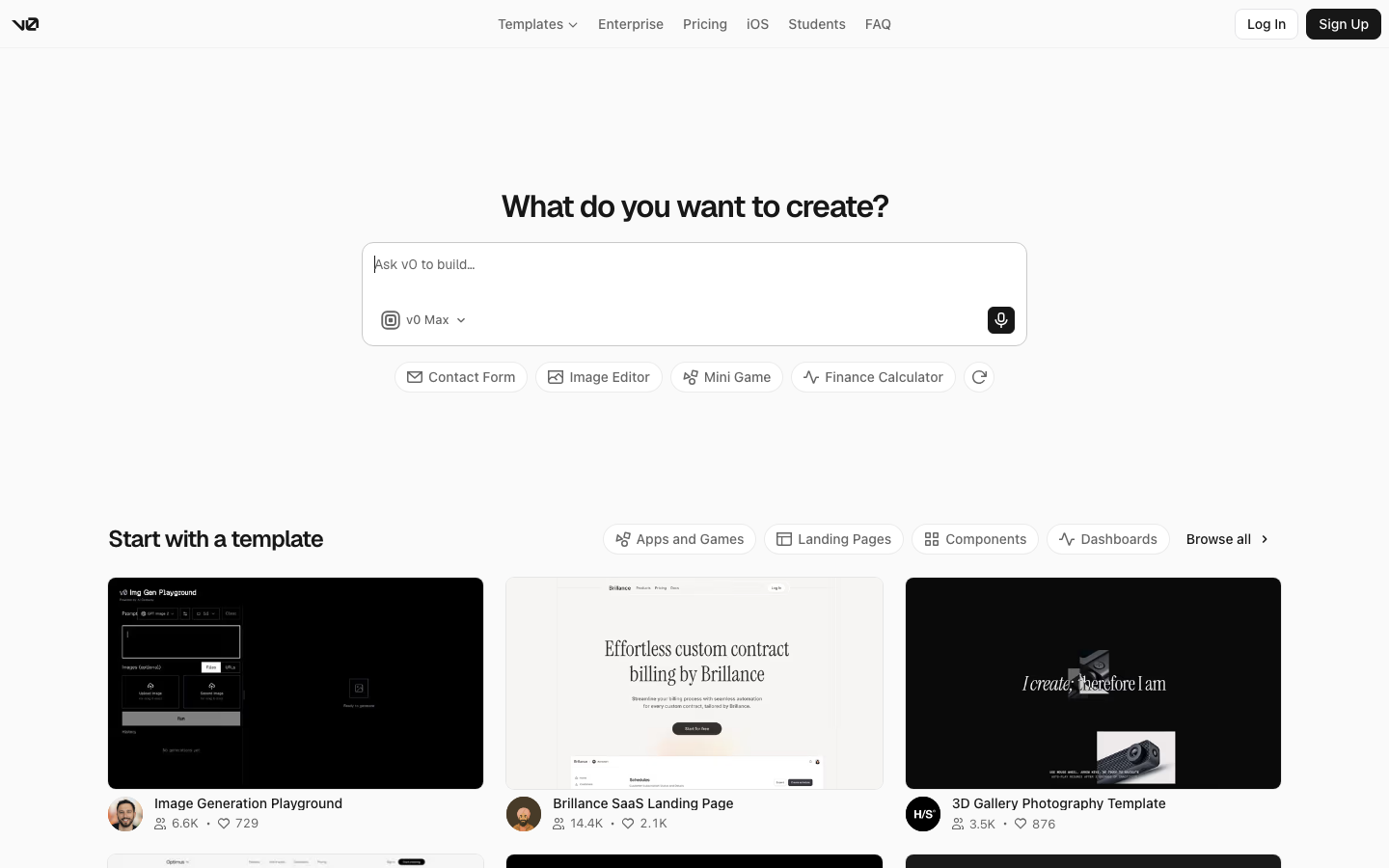 v0 prompt interface asking what do you want to create, an example of a no code AI website builder that outputs code