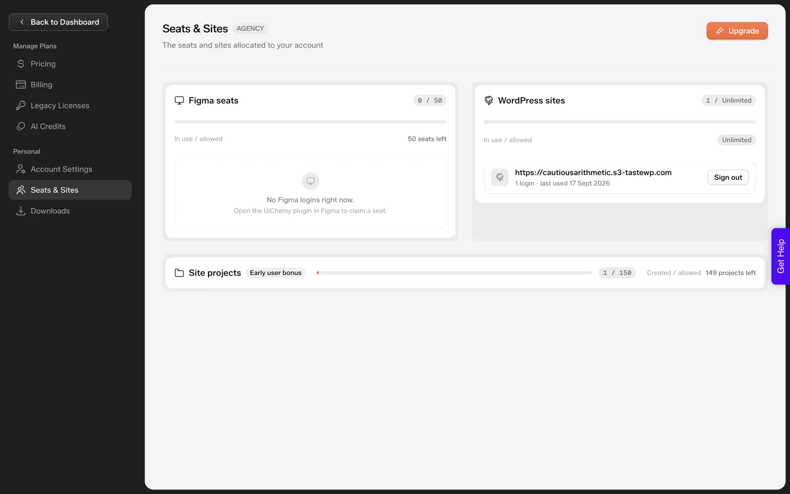 The UiChemy Seats and Sites page on an Agency account showing Figma seats, WordPress sites and a site projects counter