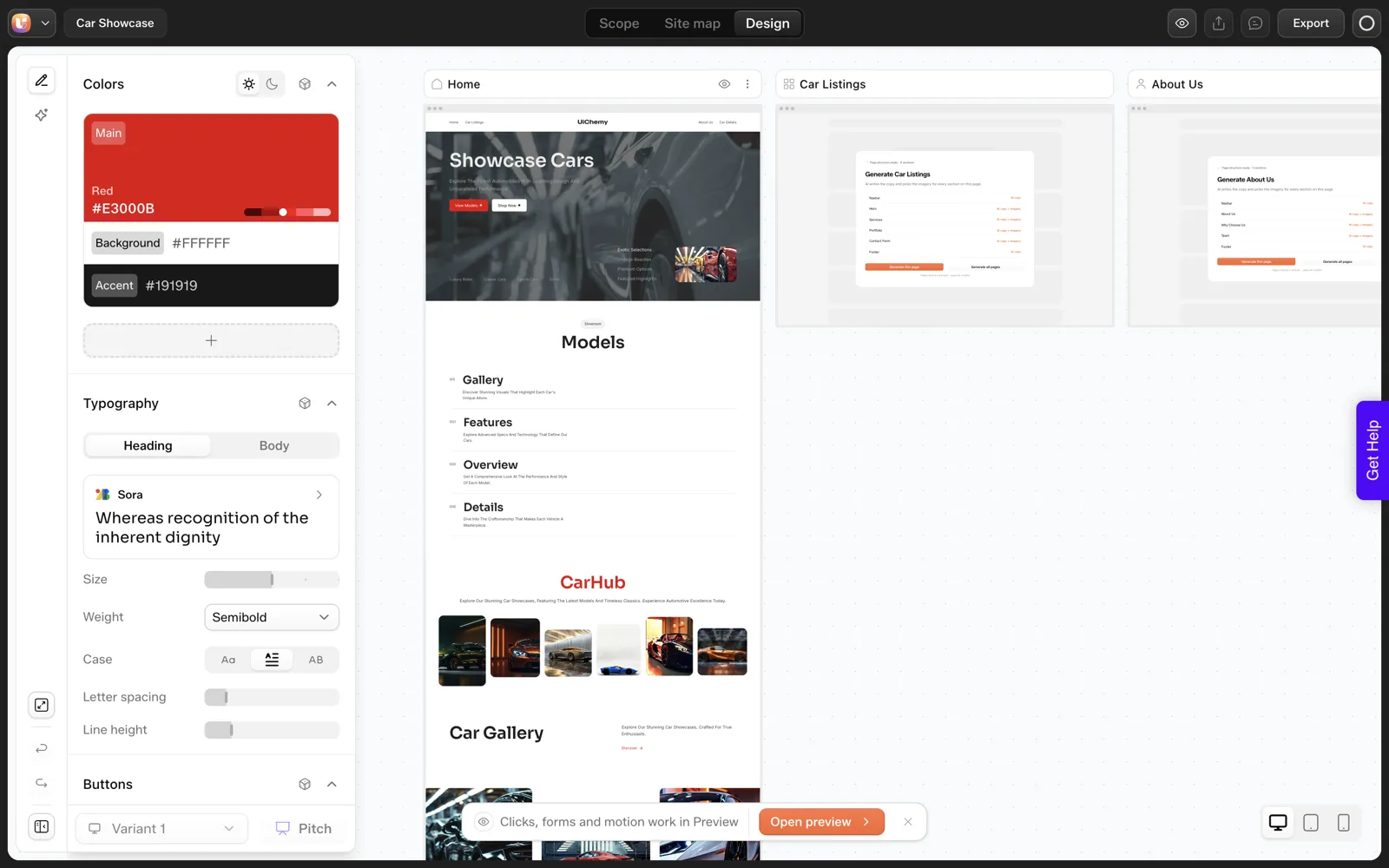The UiChemy Design Editor with global style controls on the left and a page canvas on the right