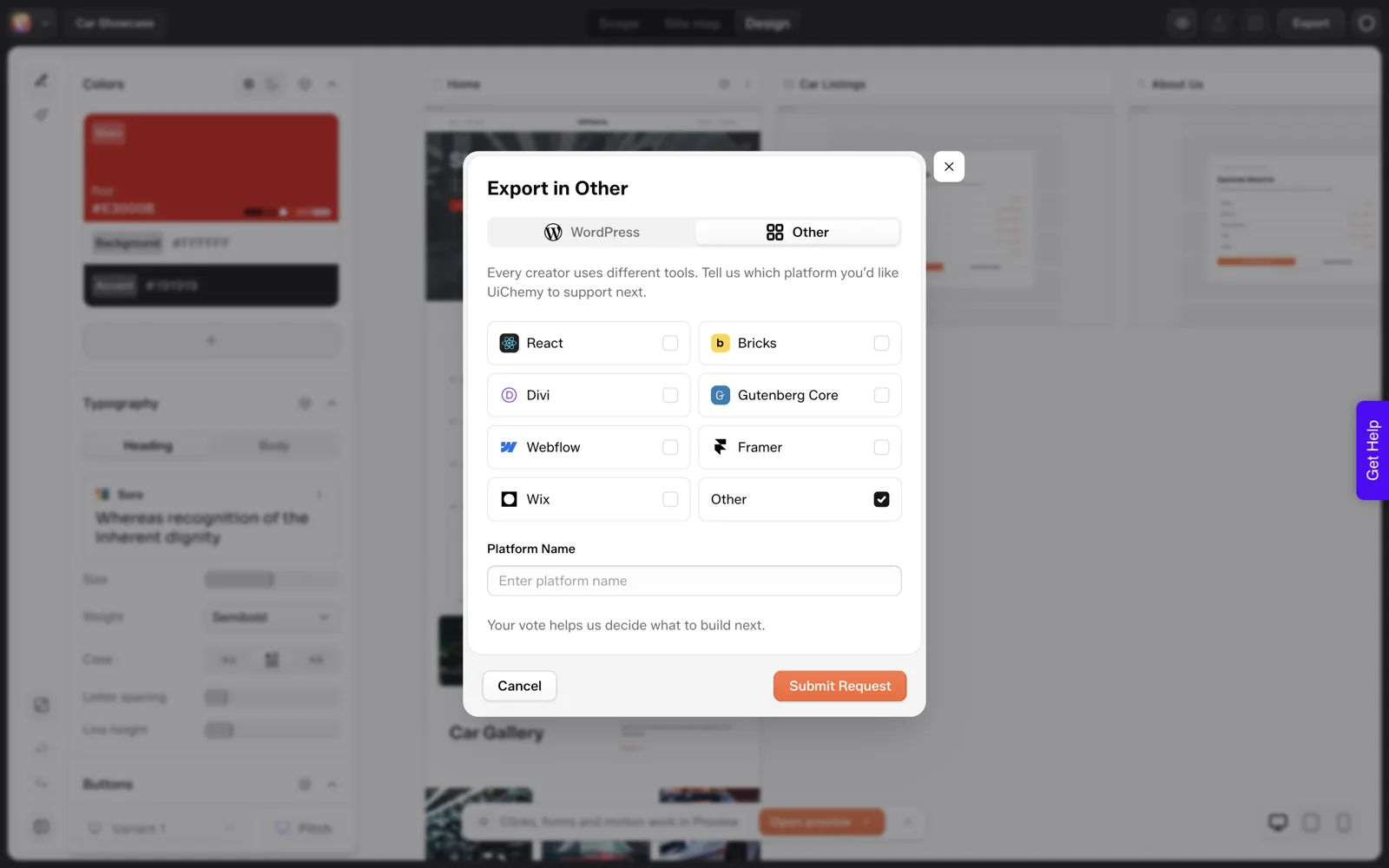UiChemy export dialog Other tab listing platforms that users can vote for, including React, Bricks, Divi, Gutenberg Core, Webflow, Framer and Wix