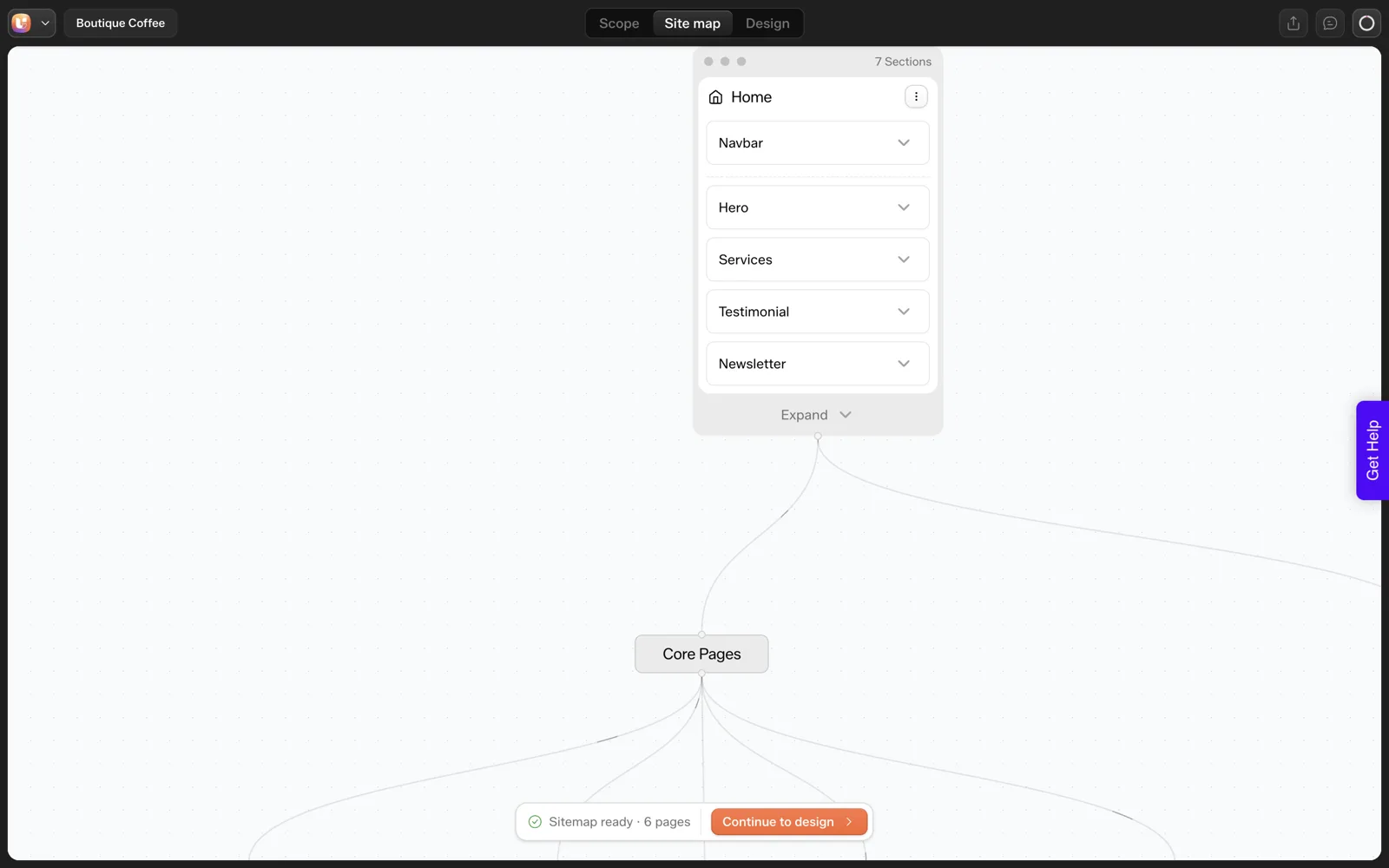 The six-page sitemap for the coffee roaster with a Continue to design button