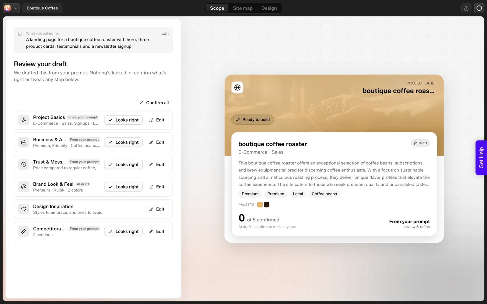 The Review your draft screen for the coffee roaster project with Looks right and Edit buttons