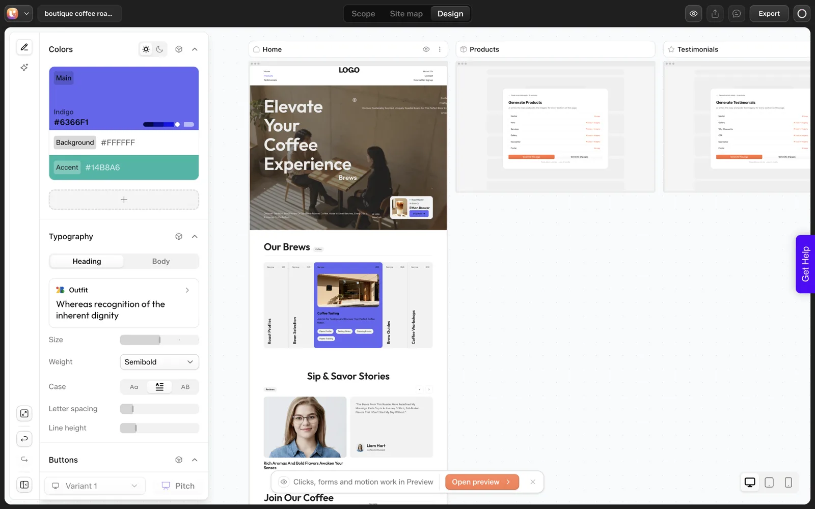 The generated Home page for the coffee roaster in the Design Editor about 35 seconds after the sitemap