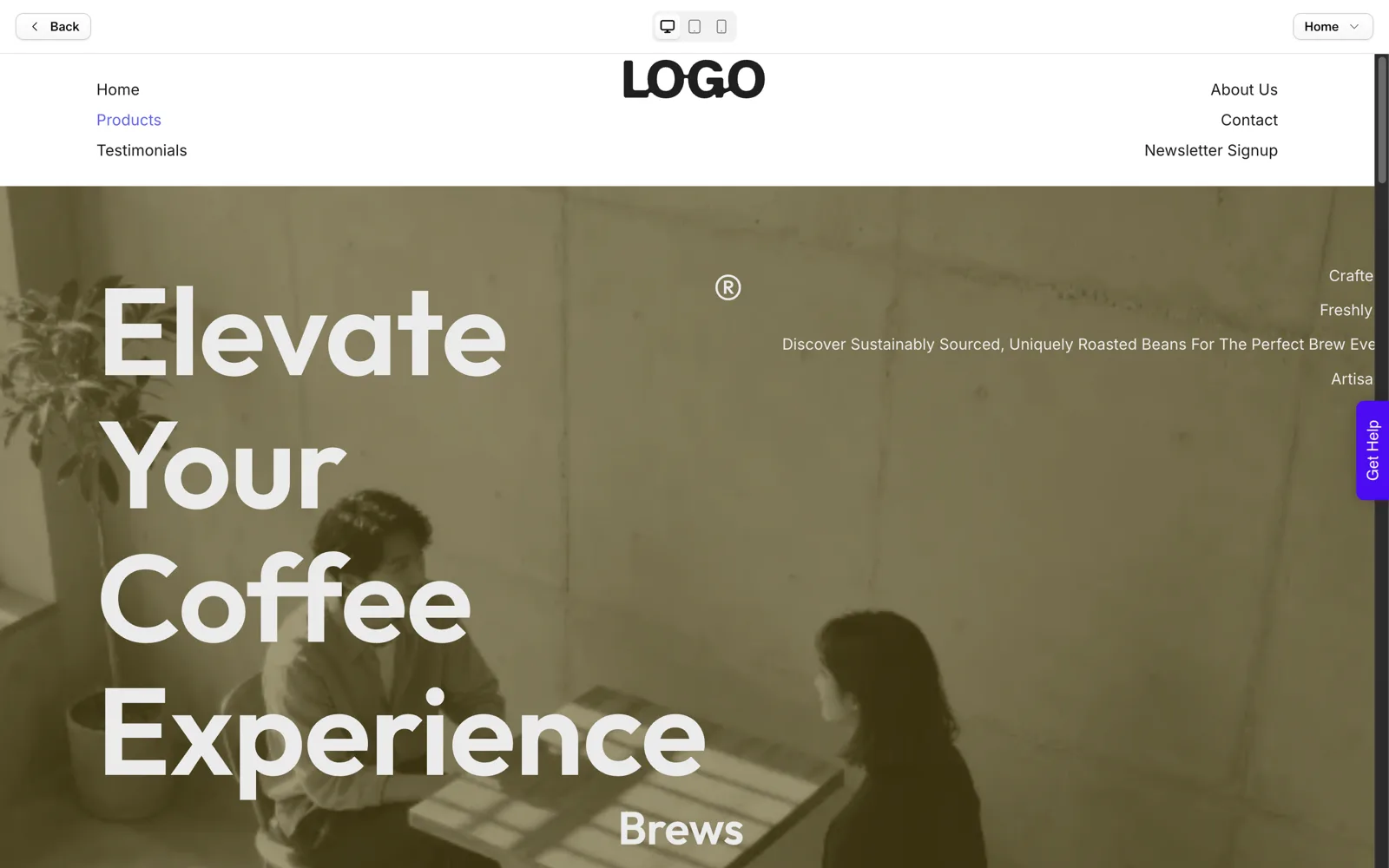 The preview dialog showing the generated coffee roaster Home page with a placeholder logo and desktop, tablet and mobile toggles