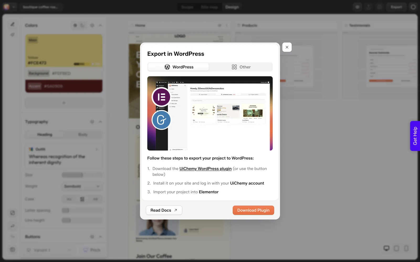 UiChemy Export in WordPress dialog listing three steps to install the UiChemy plugin, log in and import into Elementor