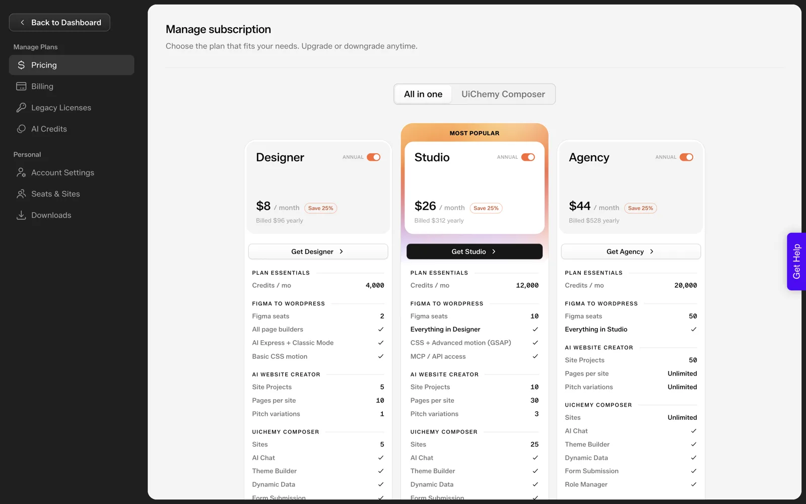 The UiChemy all-in-one pricing page