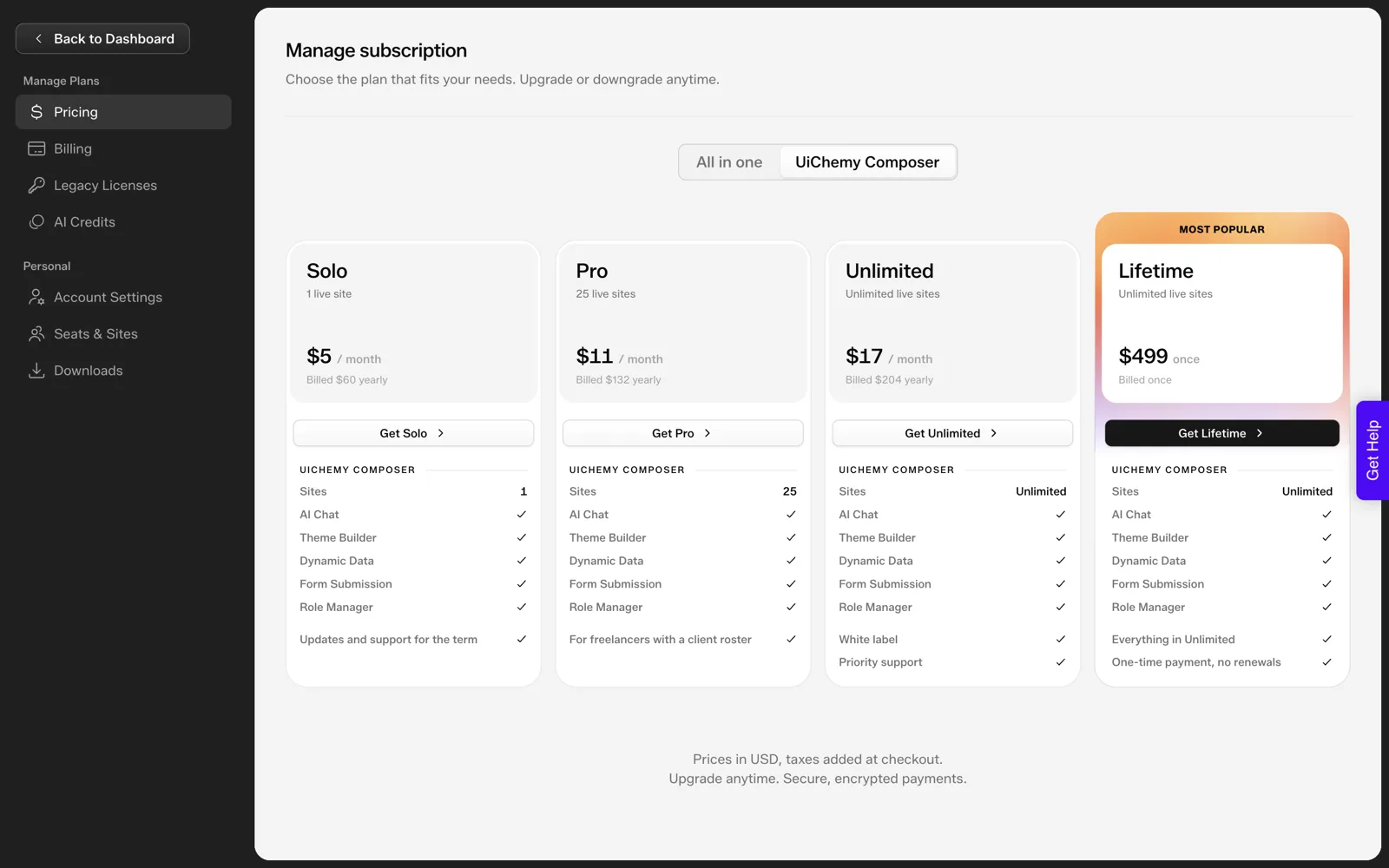 The UiChemy Composer plans page in the account dashboard with Solo, Pro, Unlimited and Lifetime plans