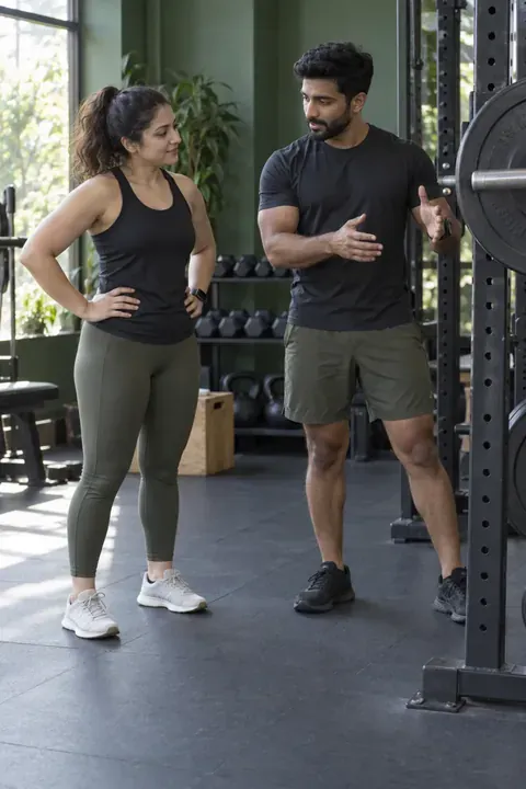 A trainer guiding a member in the studio