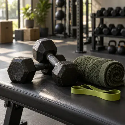Dumbbells and a towel in our studio