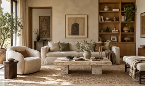 A thoughtfully designed living room with warm oak and natural textures