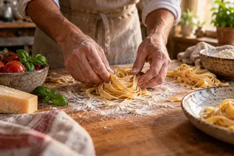 Fresh pasta being shaped by hand