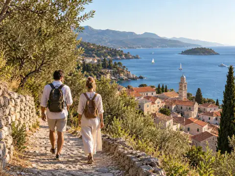 Travelers exploring a coastal village