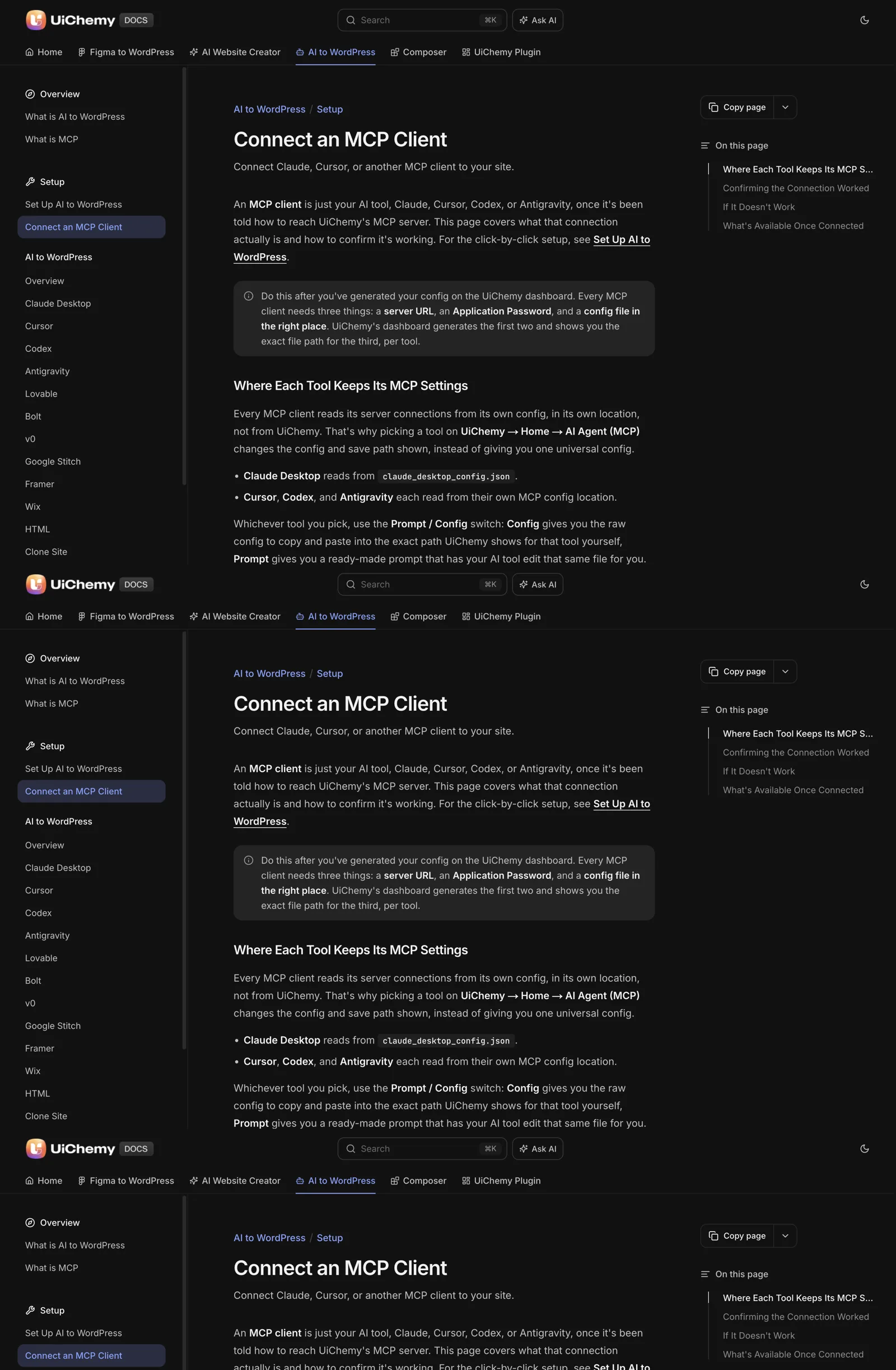 UiChemy docs page showing the AI Agent (MCP) connection step inside the WordPress admin