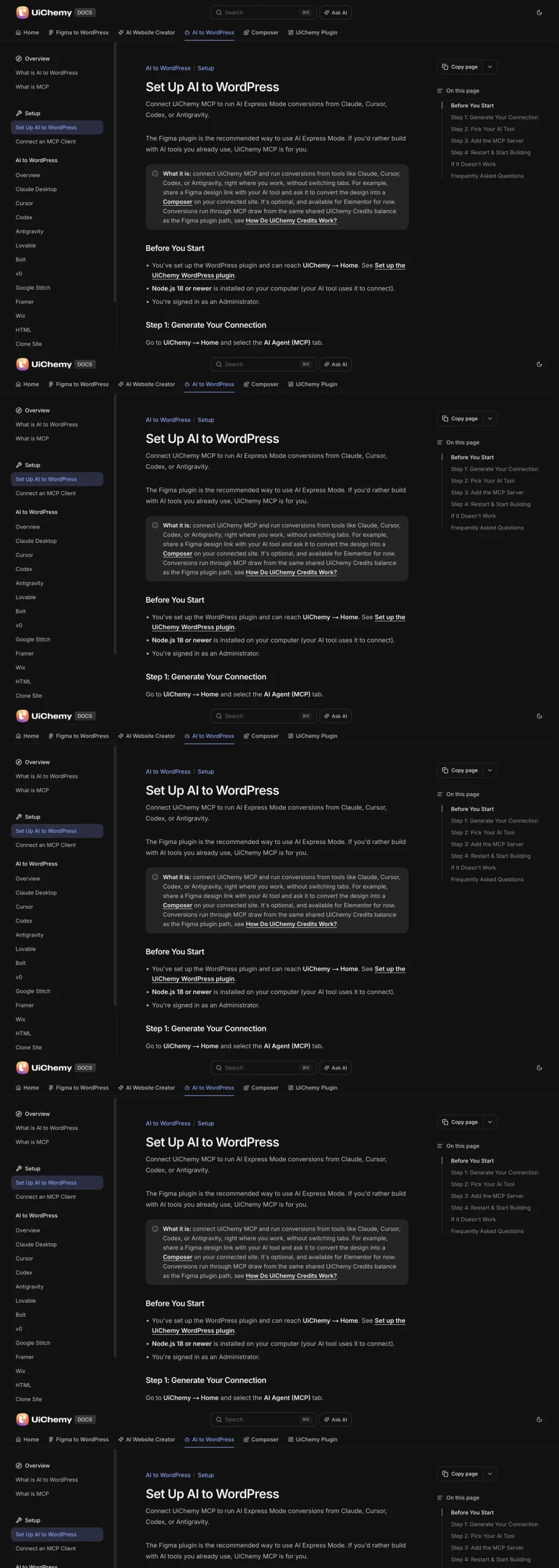 UiChemy docs page listing the AI clients supported by the MCP setup