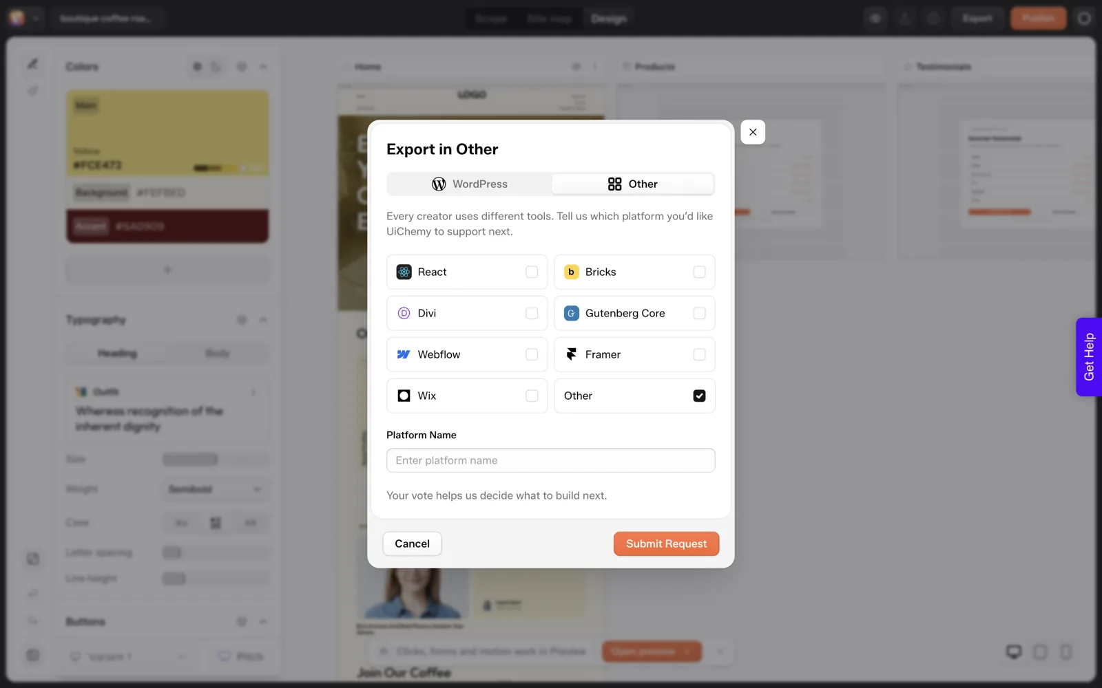 The Export in Other dialog in UiChemy listing React, Bricks, Divi, Gutenberg Core, Webflow, Framer, Wix and Other as checkboxes with a Platform Name field