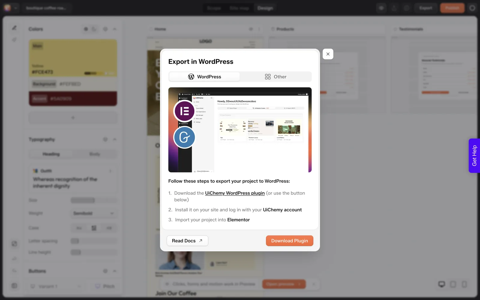 The export to WordPress dialog in UiChemy