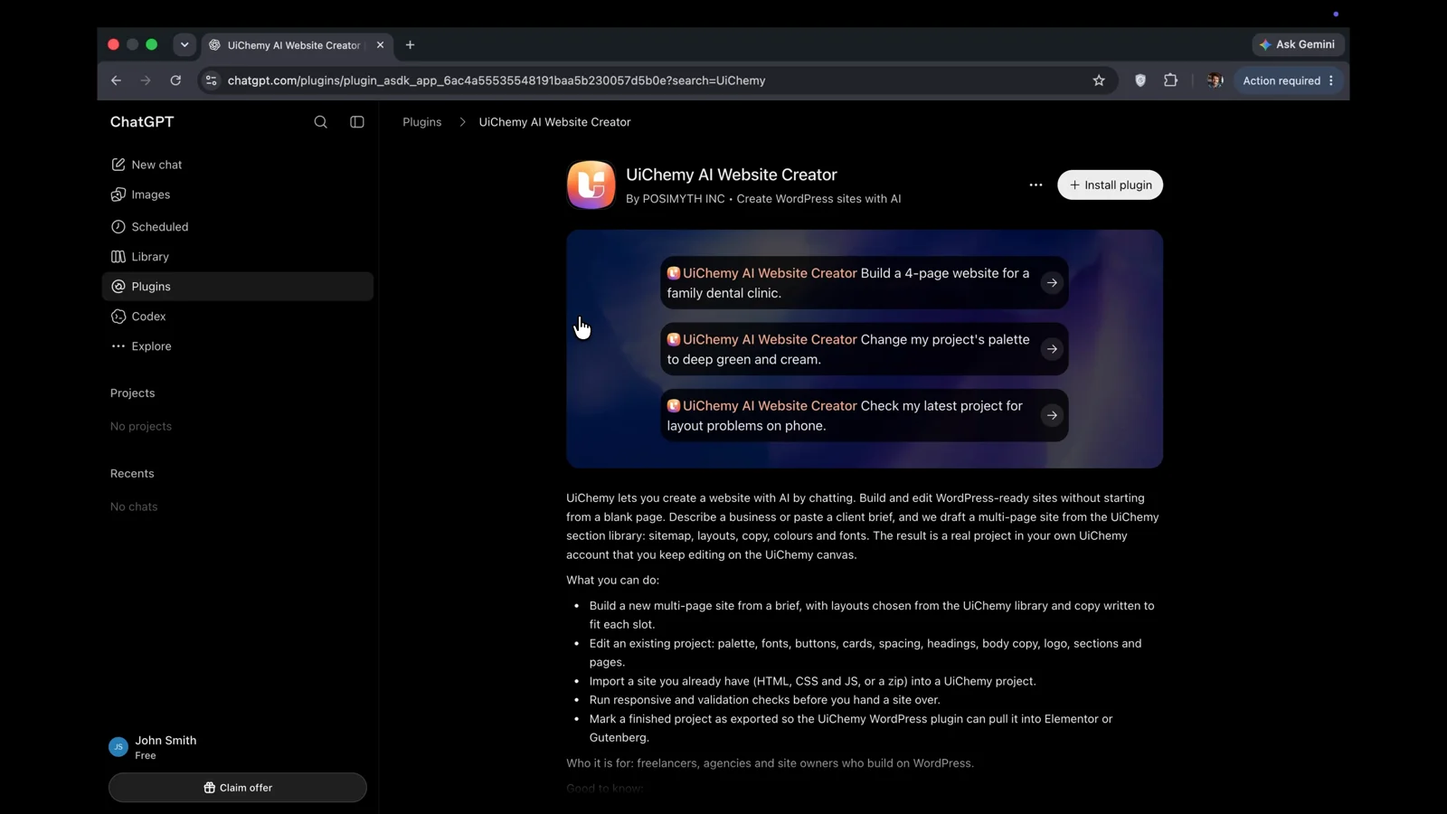 UiChemy AI Website Creator plugin page in ChatGPT