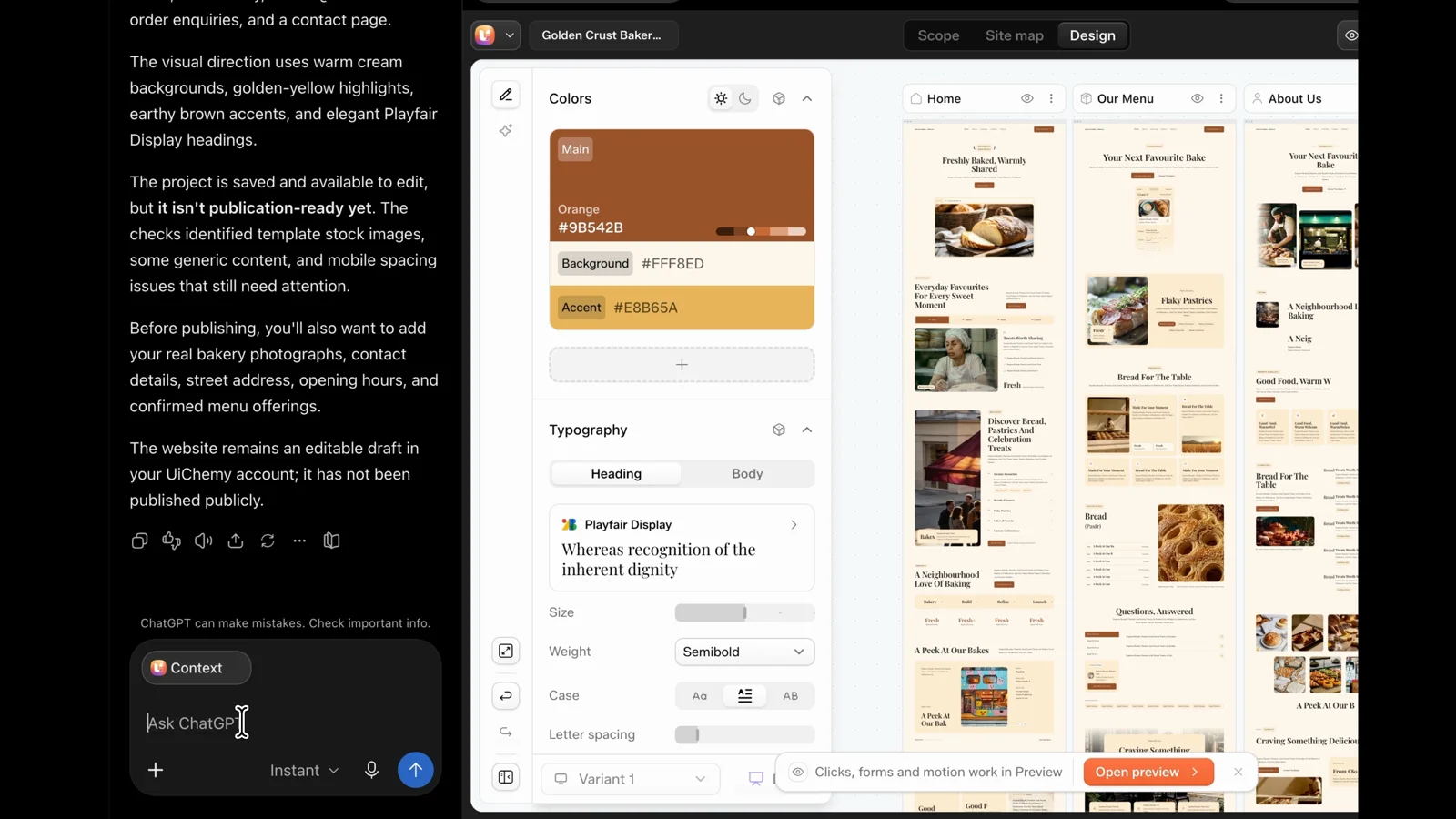 ChatGPT chat beside the UiChemy editor