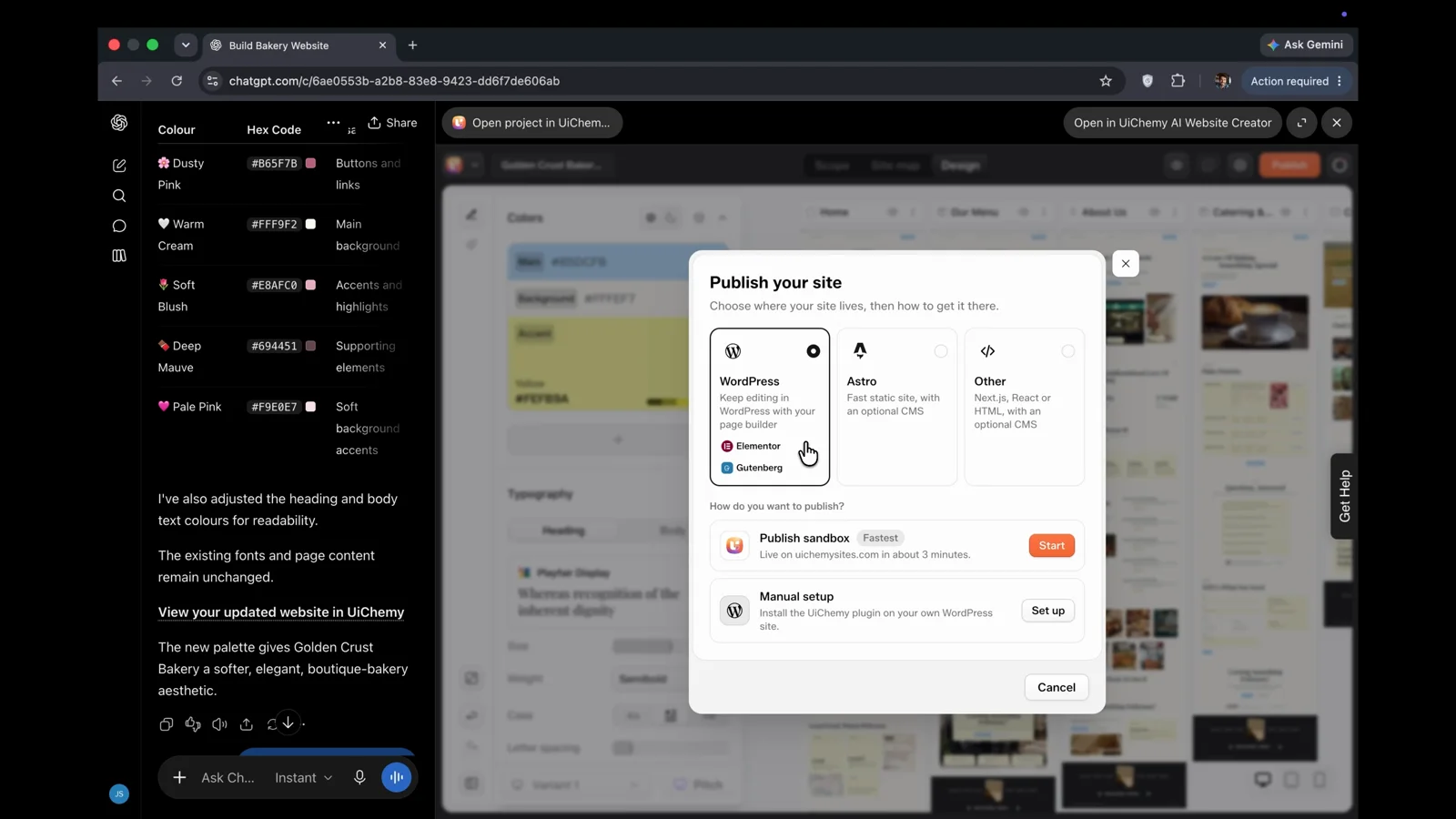 Publish your site popup in ChatGPT