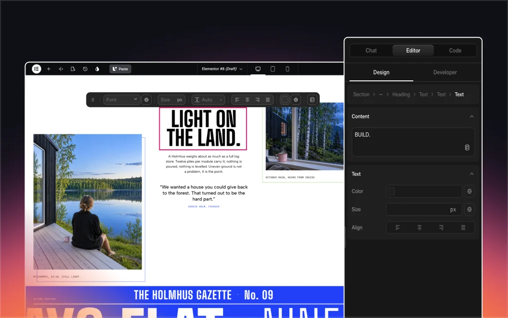 UiChemy Composer's Design Mode panel, showing a section's content and style fields beside the live page