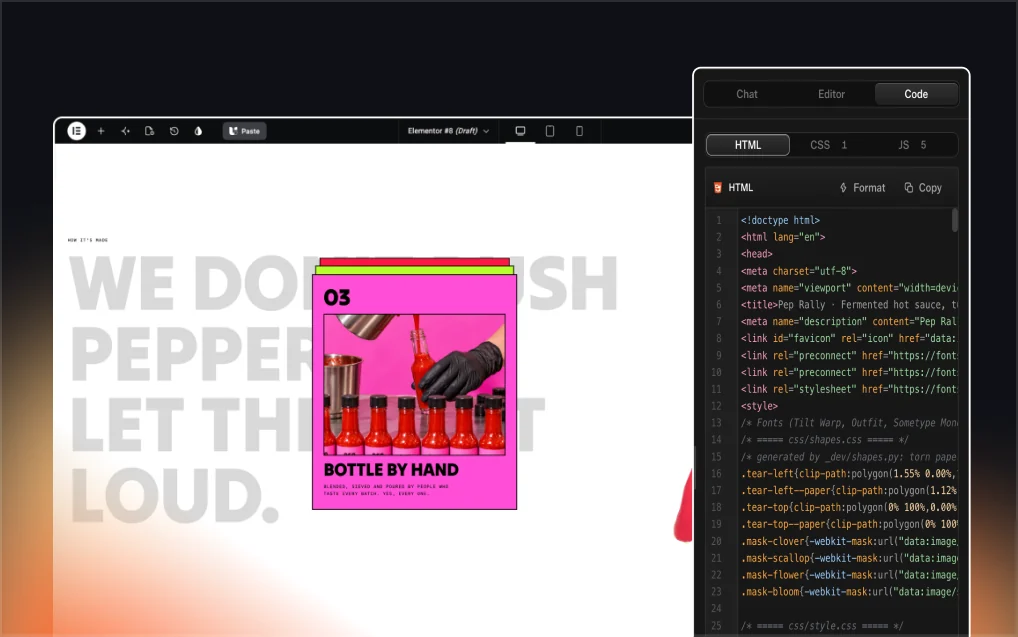UiChemy Composer's Code panel, showing the section's real HTML beside the live page