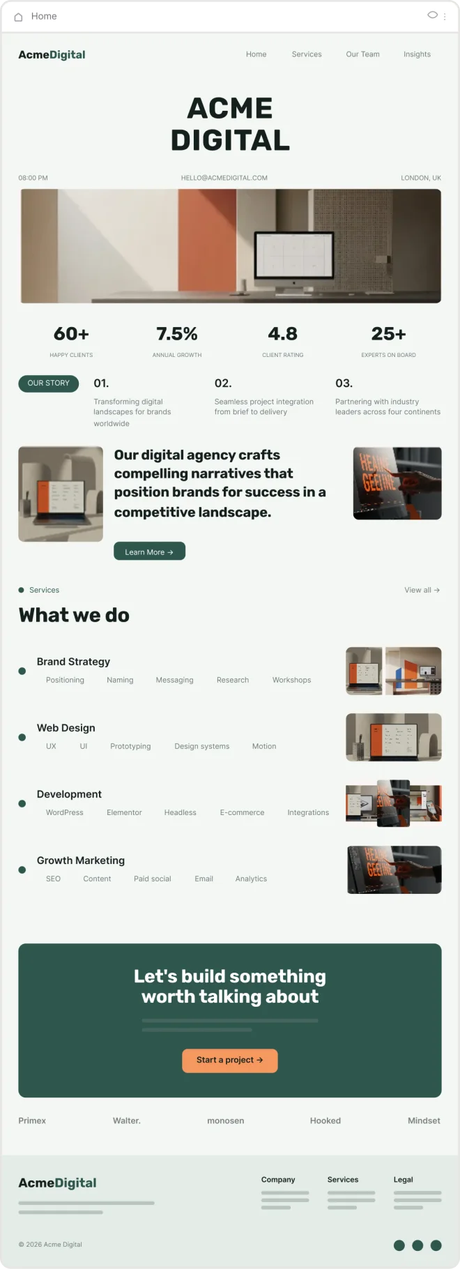 A brand page: palette, type scale and buttons beside three page thumbnails