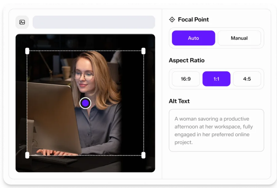 An image with a focal-point dot, an aspect-ratio switcher and an alt-text field