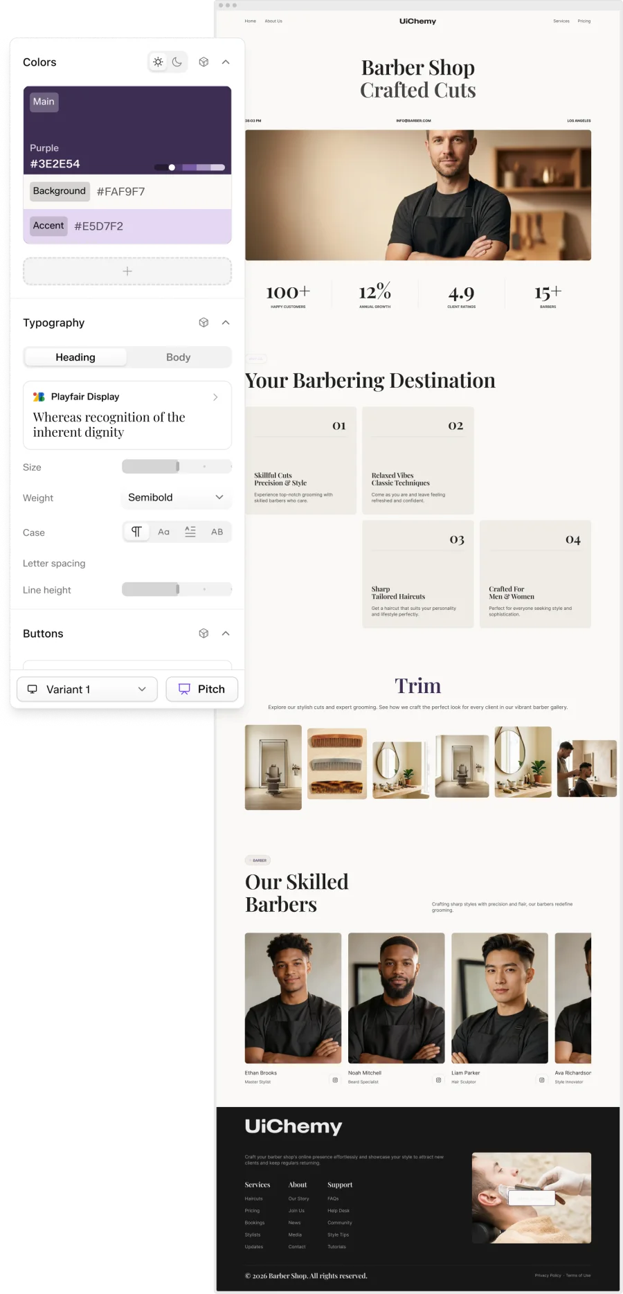 A search box with filter chips for columns, background, media, density and motion, over ranked layout results