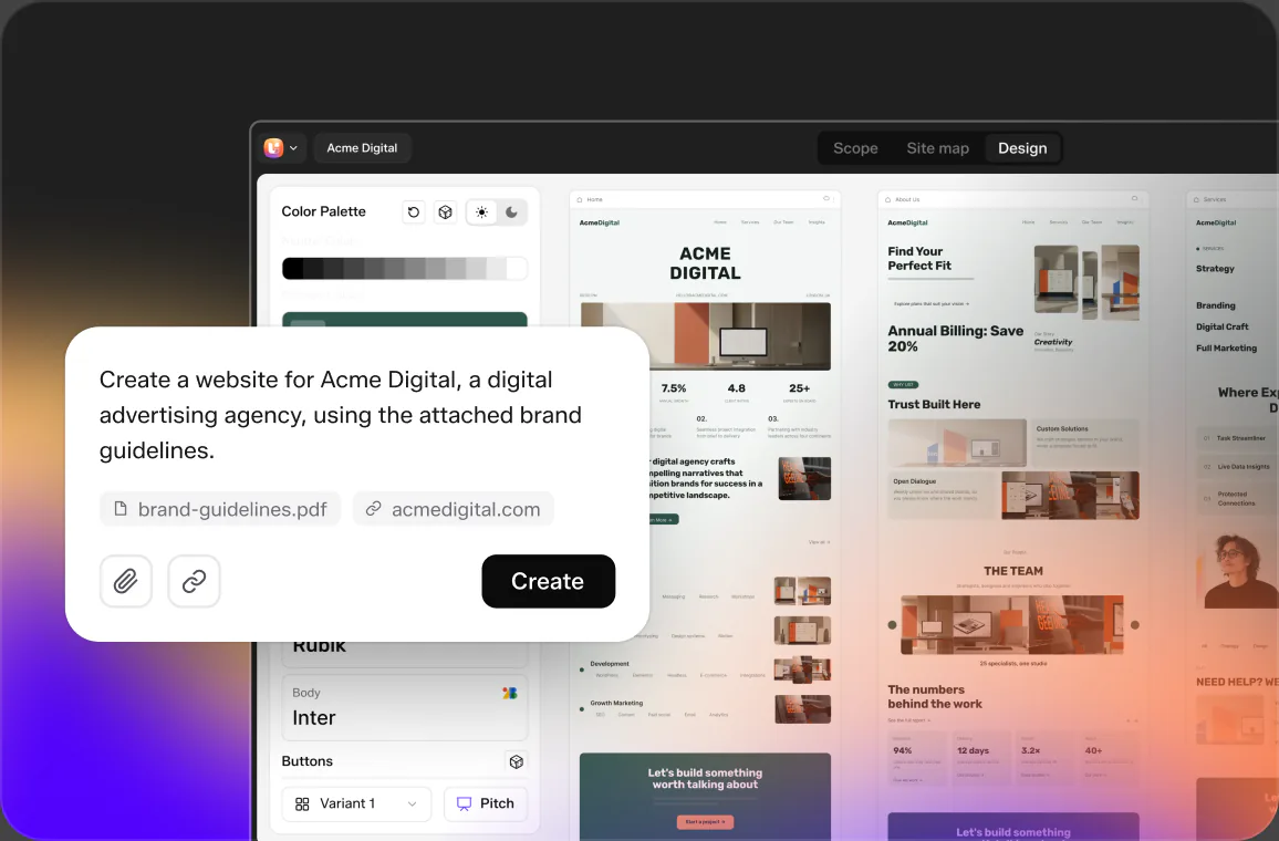 A full WordPress site generated from a prompt and brand kit