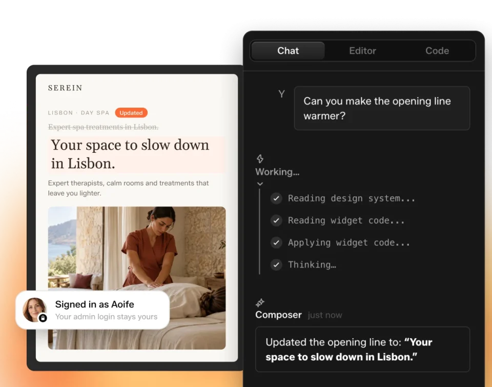 The editor with its chat side panel open: a client asks for a warmer opening line and the page beside it already shows the new heading, signed in as herself