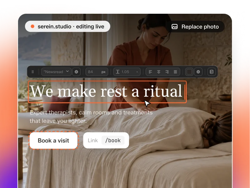 The live page edited in place: a caret in the heading, a replace-photo button and the button's link