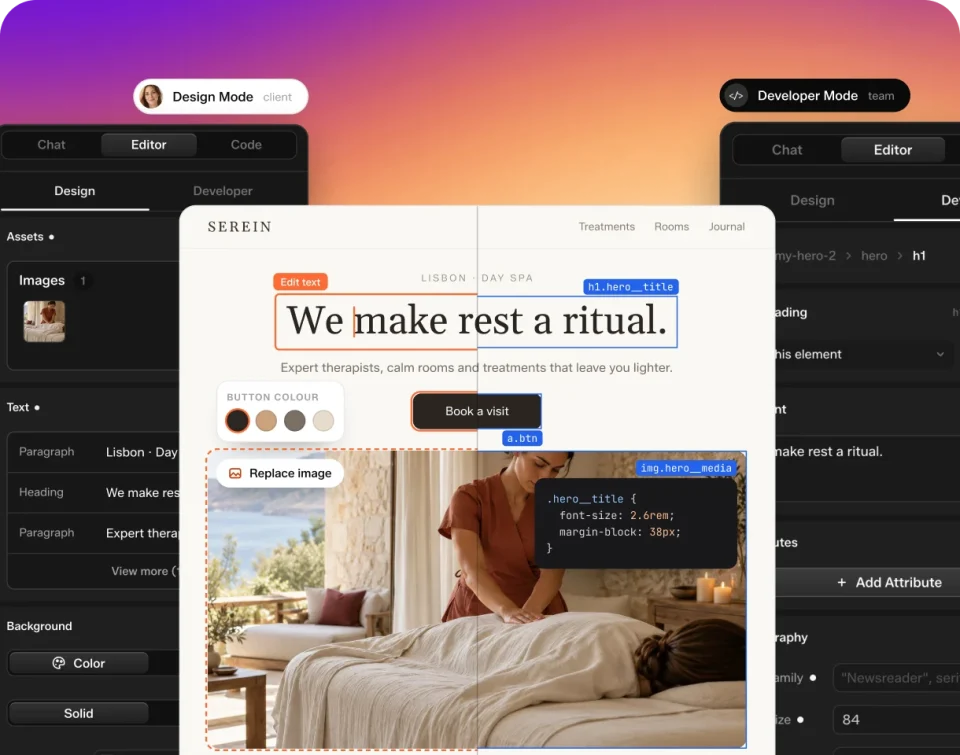 One page split down the middle: the left half in Design Mode with text, colour and image controls, the right half in Developer Mode with class names and code