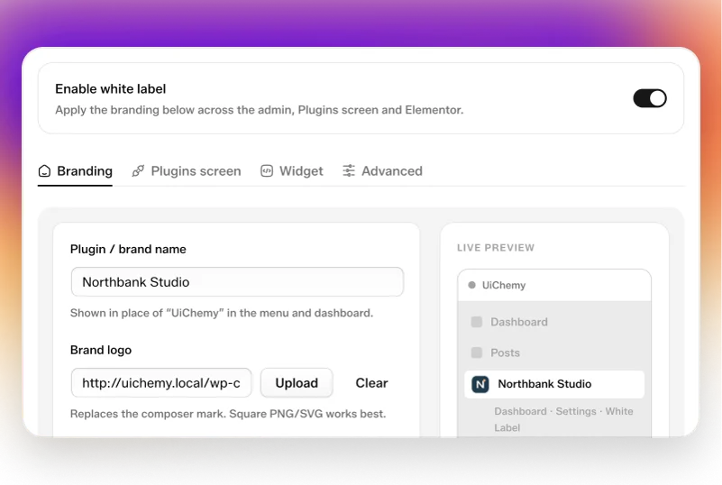 The client's dashboard in the studio's brand: its logo and colours, its contact for help, and UiChemy branding switched to hidden
